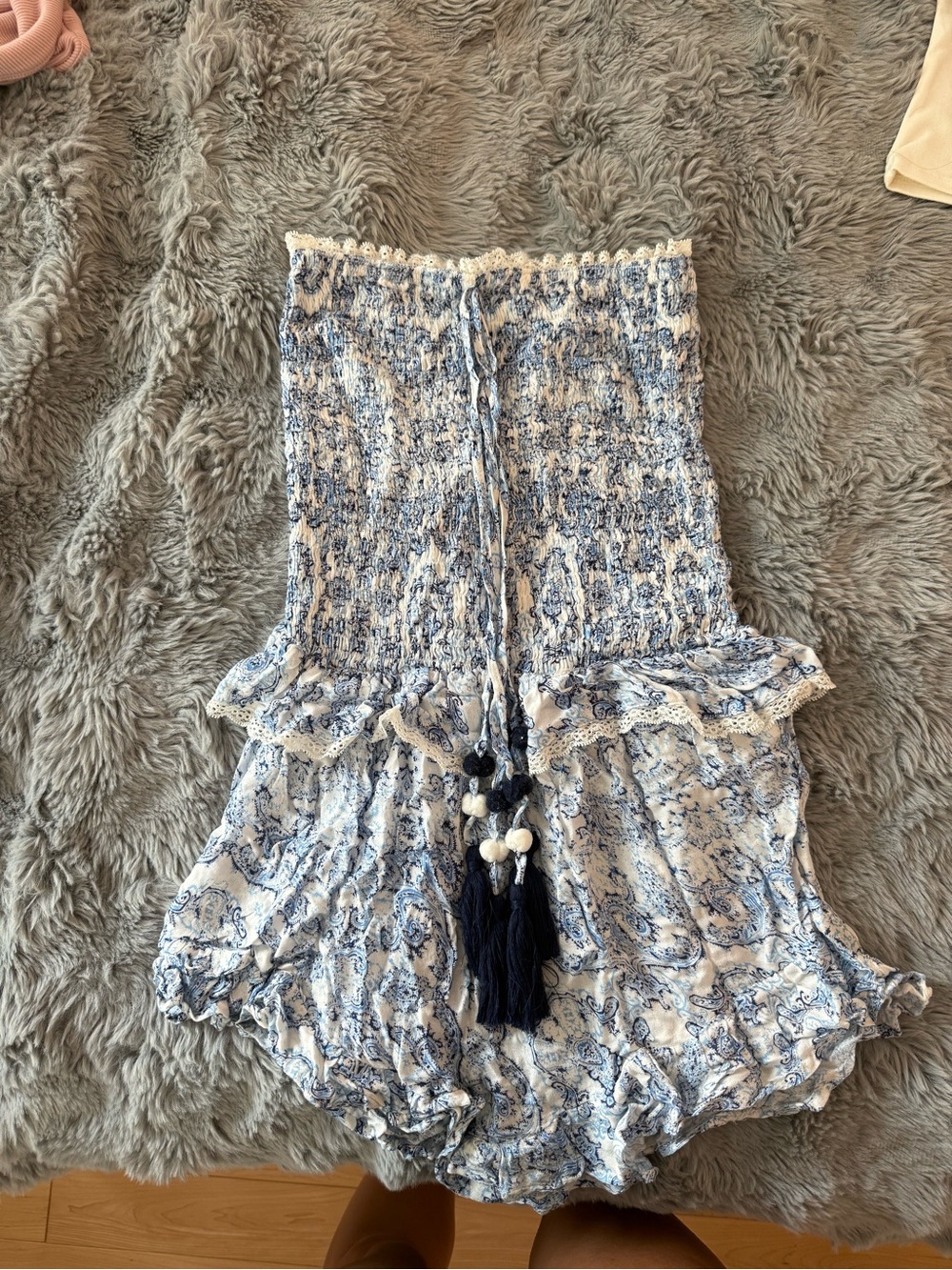 Blue & White Smocked Strapless Romper with Tassels - Surf Gypsy
